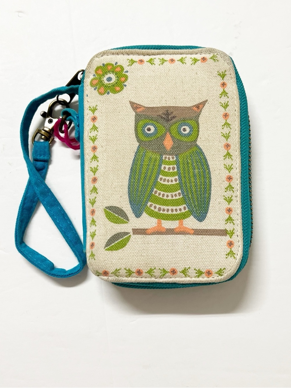 Natural Life Womens Cream Blue Folk Art Style Owl on Branch Wristlet Wallet